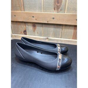 Crocs Womens Black Flats W/ Metallic Toe Cap Slip-On Size 6 Lightweight Comforta